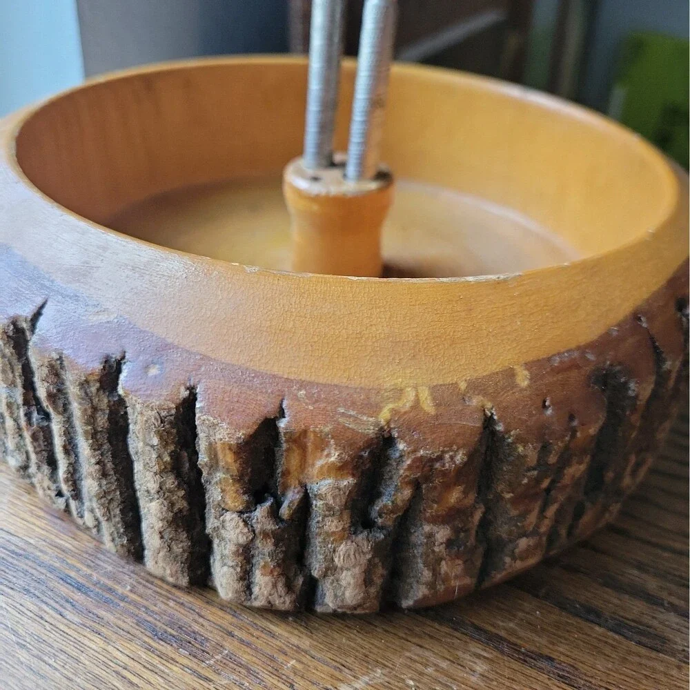 Vtg MCM Nut Bowl Rustic Edge Tree Bark Set with 1 Nutcracker 9